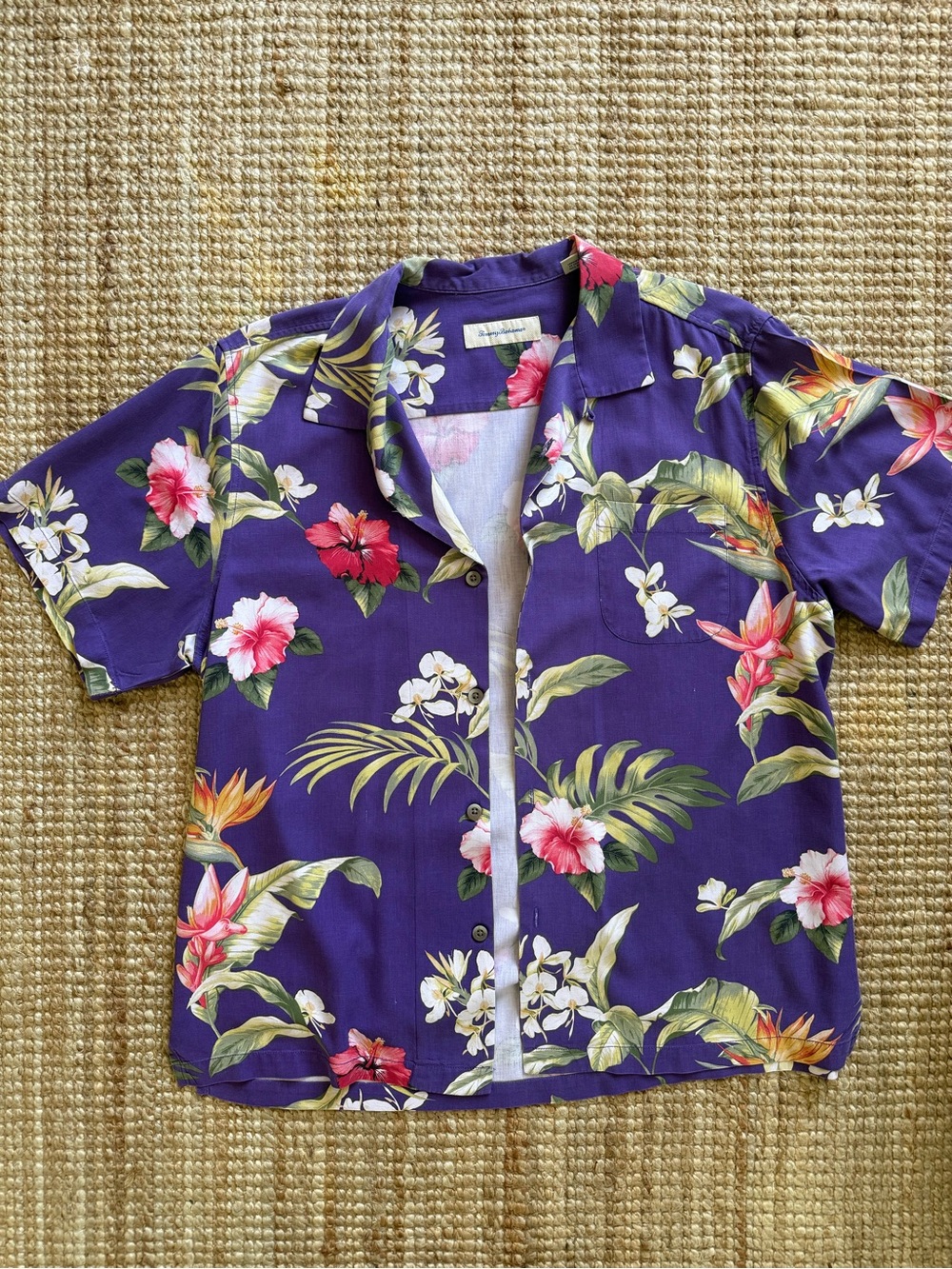 Tommy Bahama 100% Silk Hawaiian Shirt — Purple Tropical Floral — XL